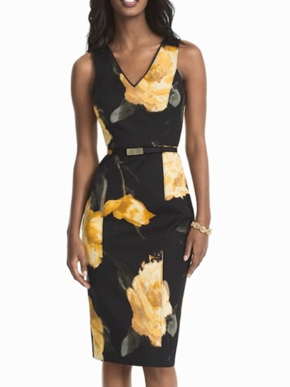 WHBM Black Gold Abstract Floral Sheath Dress Sleeveless Belted Midi Dress 00